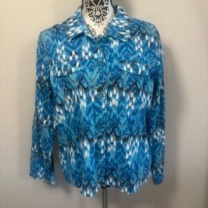 Analogy Women's Jacket Blazer Size L Large Abstract Blue Pockets Y2K Cotton